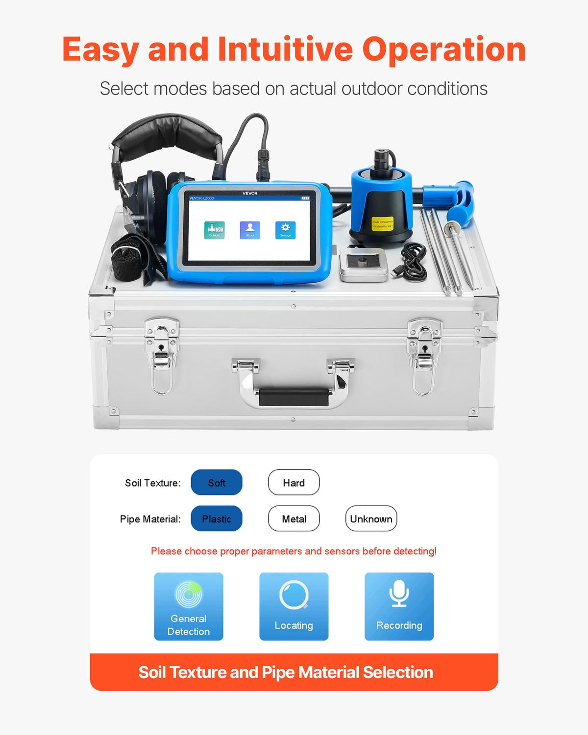 VEVOR Pipe Water Leak Detector for Outdoors, 1Hz-10000Hz, 7" Touchscreen Water Leakage Detection Locator for 16.4FT (5m) Underground Plumbing - with Medium Sensor, 3 Listening Rods, Headphone & Case