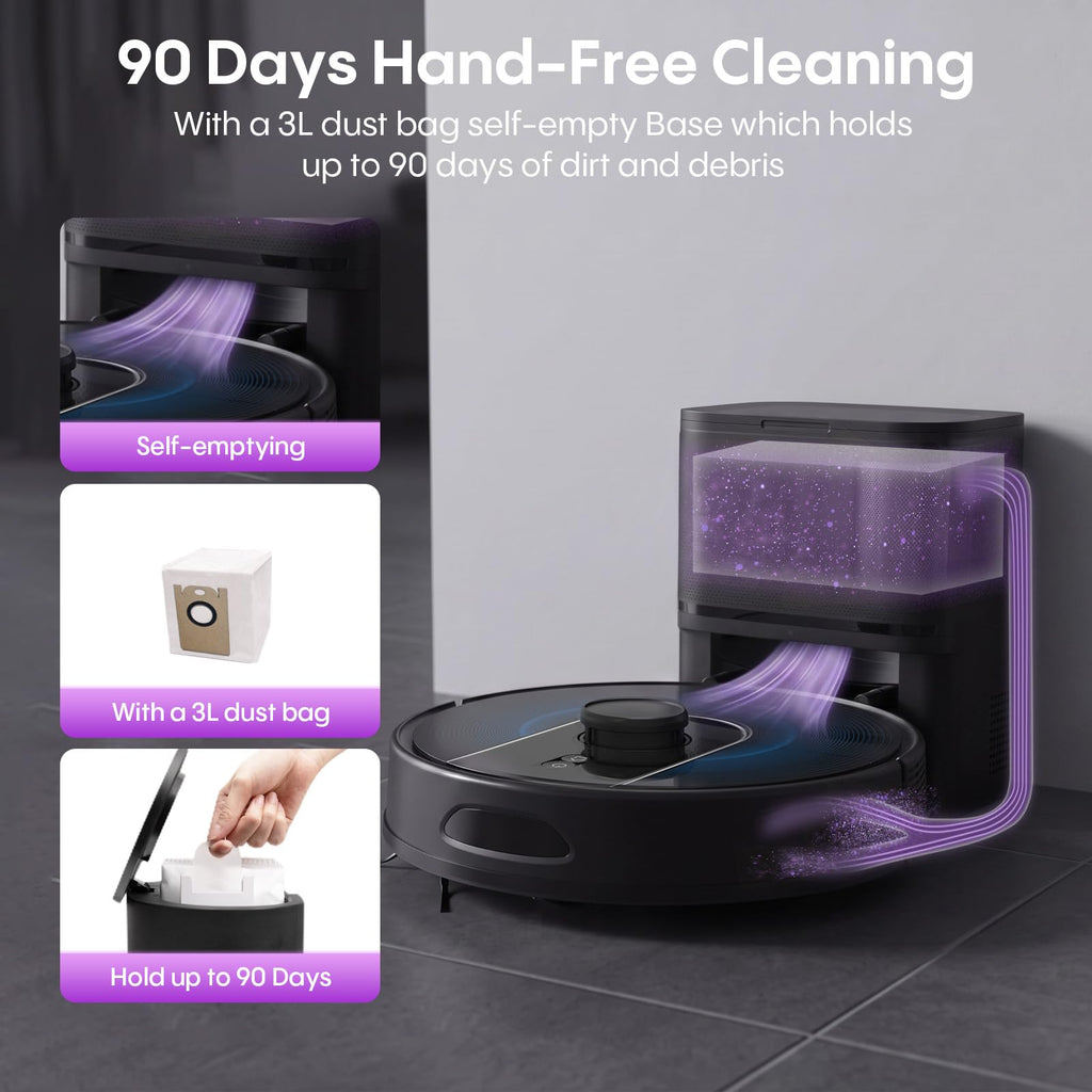 Bagotte Robot Vacuum and Mop Combo,6000Pa LiDAR Navigation Robotic Vacuum Cleaner,Self-Emptying Station for 90 Days,Wi-Fi/App/Voice Control,Ideal for Carpets&Hard Floors