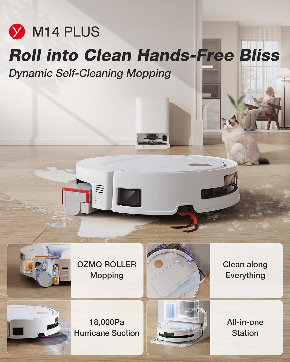 Yeedi by ECOVACS M14 Plus Robot Vacuum and Mop, OZMO Roller Mopping, White