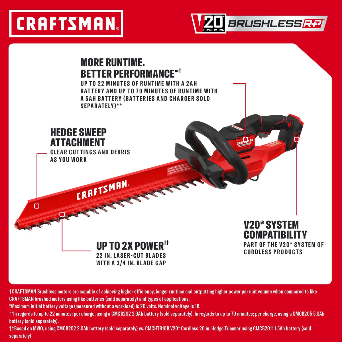 CRAFTSMAN V20 Brushless RP 22 in. Cordless Hedge Trimmer, Lightweight Bush Trimmer with Hedge Sweep Attachment, Up to 2X Power, Longer Runtime, Tool Only (CMCHT830B)