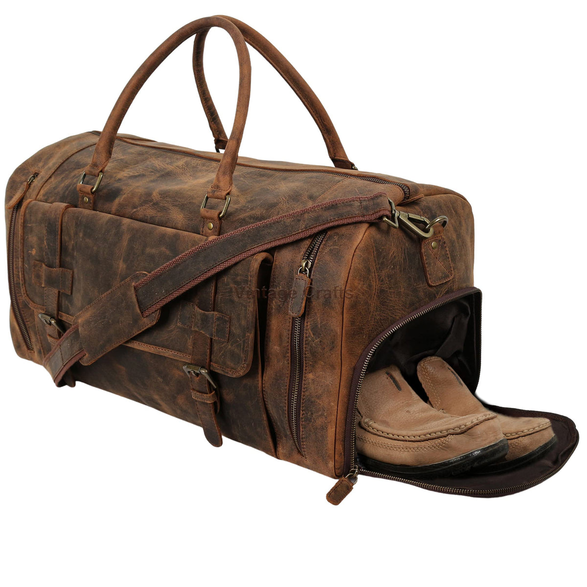 22 Inch Genuine Leather Full Grain Duffel Bag | Overnight Travel Weekend Sports Gym Traveling | Carryon Durable Cabin With Shoe Compartment For Men and Women