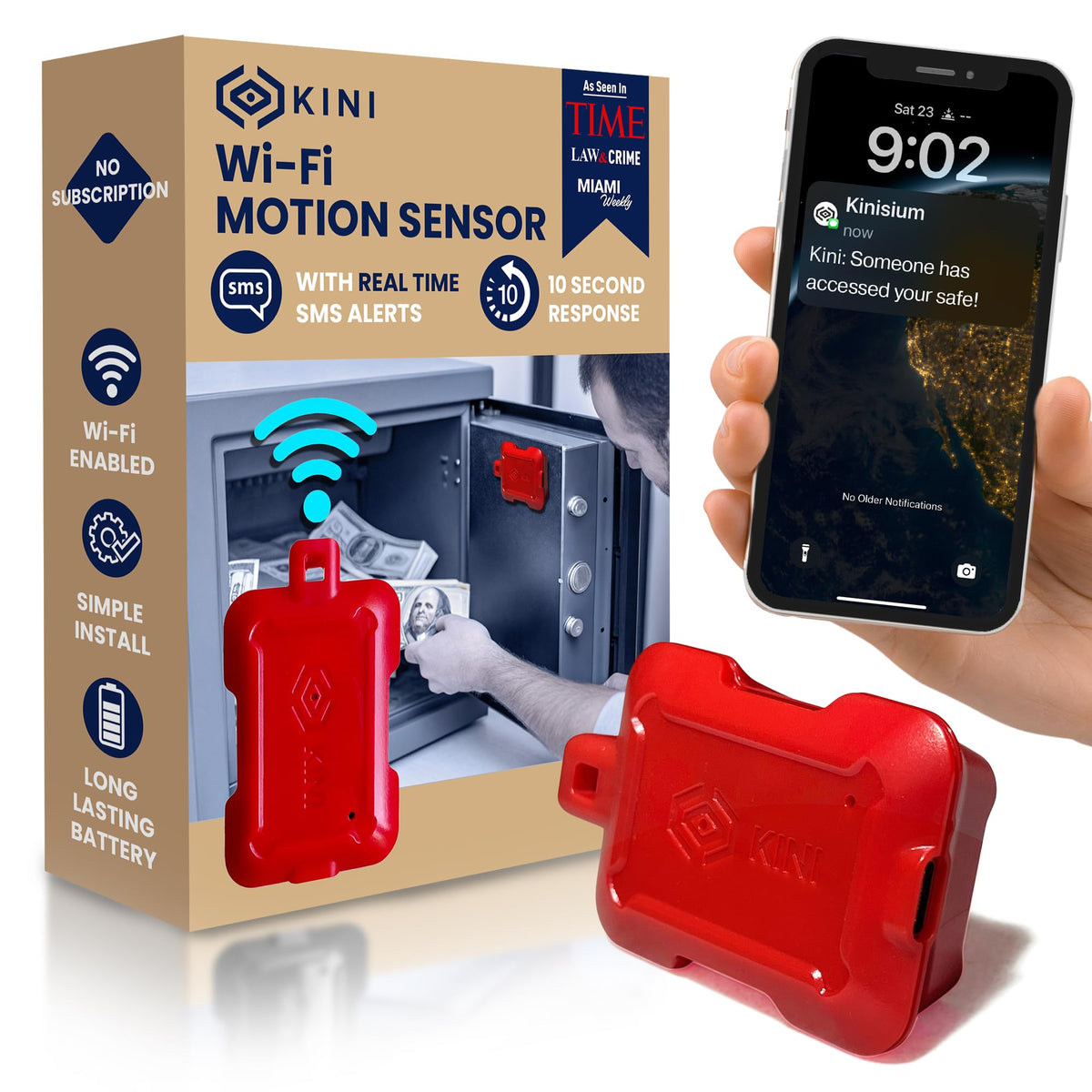 Kini Wi-Fi Motion Sensor Alarm & Tamper Alert- Instant App, SMS & Email Alerts - Gun Safes, Cabinets, Drawers - Easy Install, No Subscription, Rechargeable 12-18 Month Battery, IFTTT