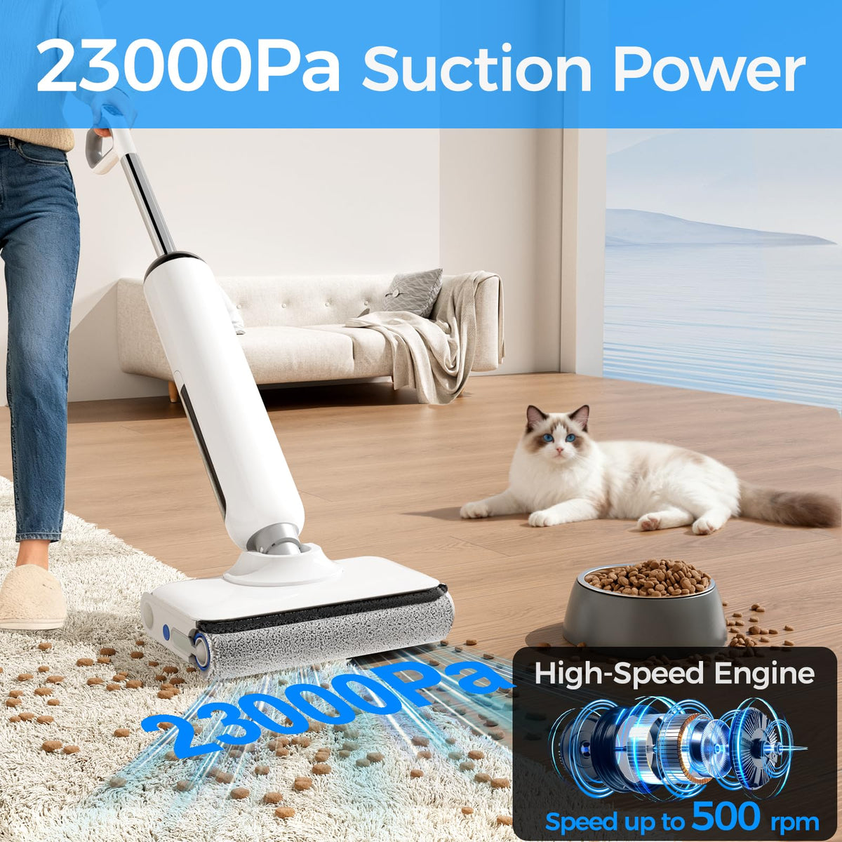 Wet Dry Vacuum Cleaner, Cordless Vacuum Mop Combo for Hard Floors, 23000Pa Powerful Suction, 180° Lay-Flat, Self-Cleaning Floor Washer with 45 Min Runtime, Anti-Tangle Brush, Dual Tank