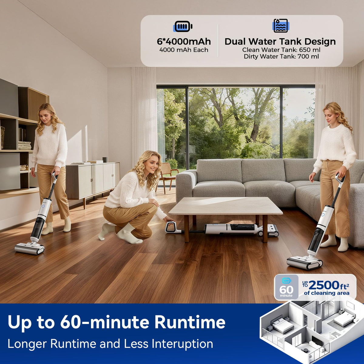 Wet Dry Vacuum Cleaner,22KPa Wet Dry Vacuum Mop with Self-Cleaning,Cordless Vacuum Mop All in One,Up to 75 Mins Runtime,One-Step Self Cleaning,Anti-Tangle Design,SmoothDrive Tech,Lightweight