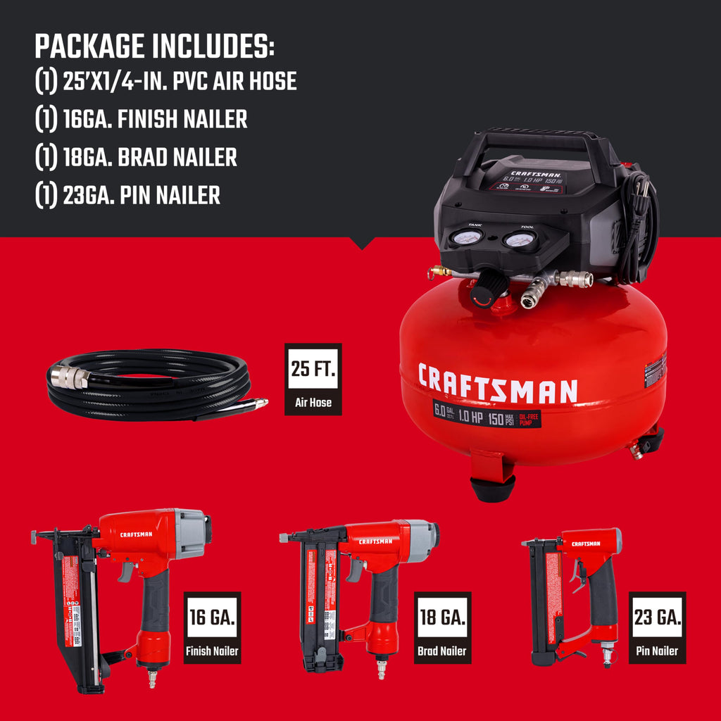Craftsman 6Gal Pancake Air Compressor 4-Tool Combo Kit, Oil-Free, 150 PSI