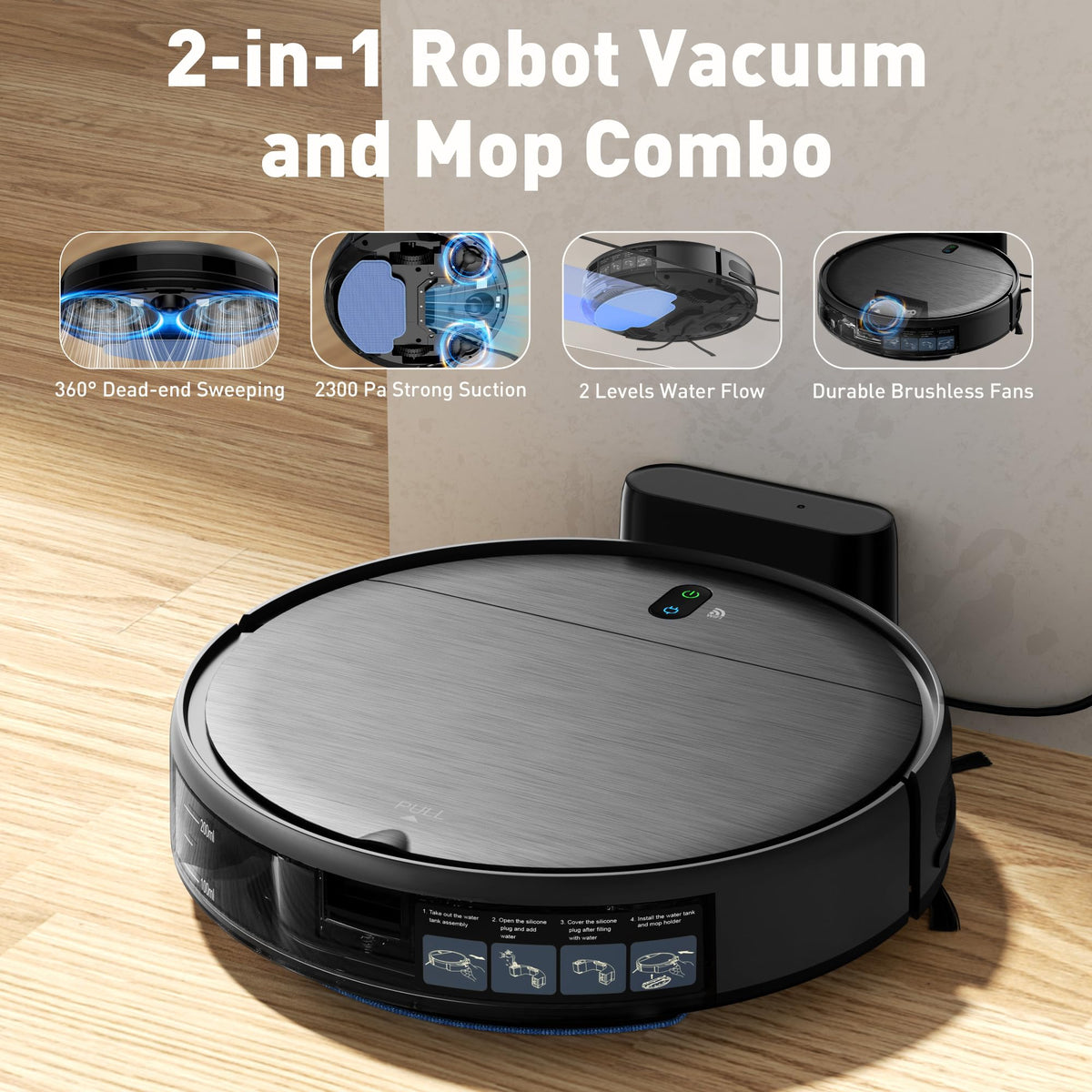 Robotic Vacuum, 2-in-1 Mop Combo, Slim Self-Charging Cleaner with Strong Suction, Scheduled Cleaning Function, APP/Remote & Voice Control, Designed for Pet Hair and All Floor Surfaces