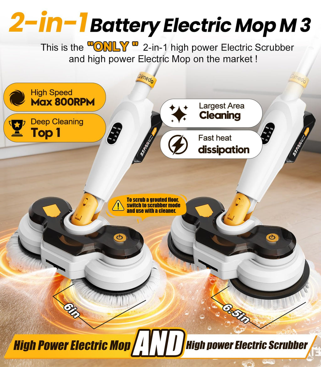 Cordless Electric Mop M3, 6000mah, 2-in-1 Floor Scrubber & Spin Mop