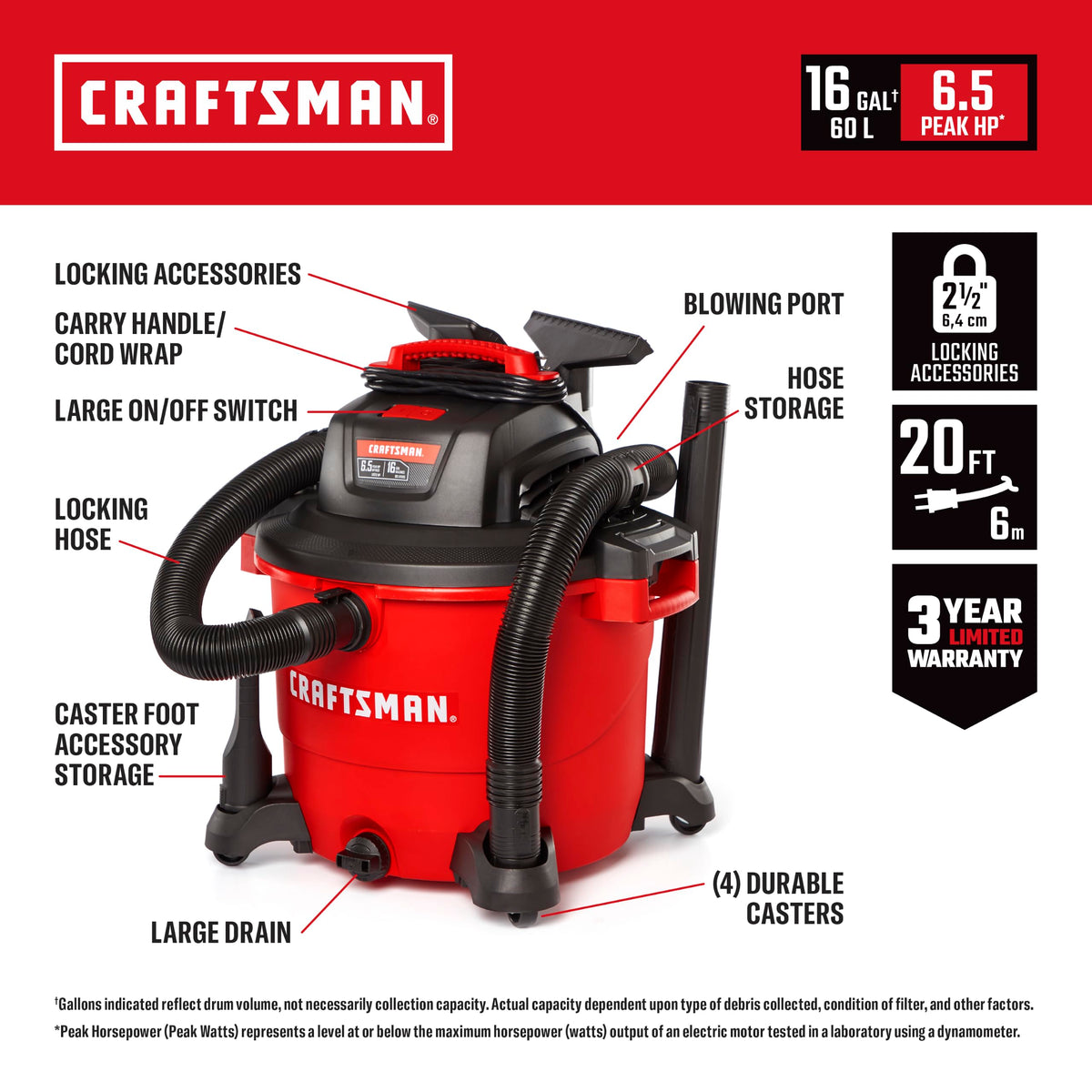 CRAFTSMAN CMXEVBE18595 16 Gallon 6.5 Peak HP Wet Dry Shop Vacuum