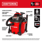 CRAFTSMAN CMXEVBE18695 16 Gallon 6.5 Peak HP Wet Dry Shop Vacuum