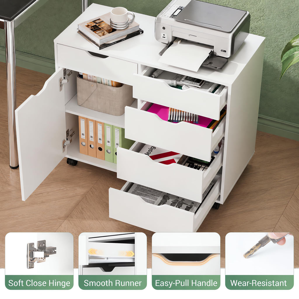 DEVAISE 5-Drawer Wood Office Cabinet, Craft Storage Cabinet, White