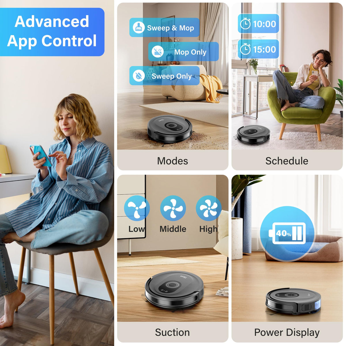Tikom Robot Vacuum and Mop Combo, 5000Pa Robotic Vacuum Cleaner, 150 Min Max, App & Remote Control, Ideal for Hard Floor, Carpet, Pet Hair, Self-Charge(G8000 Max)