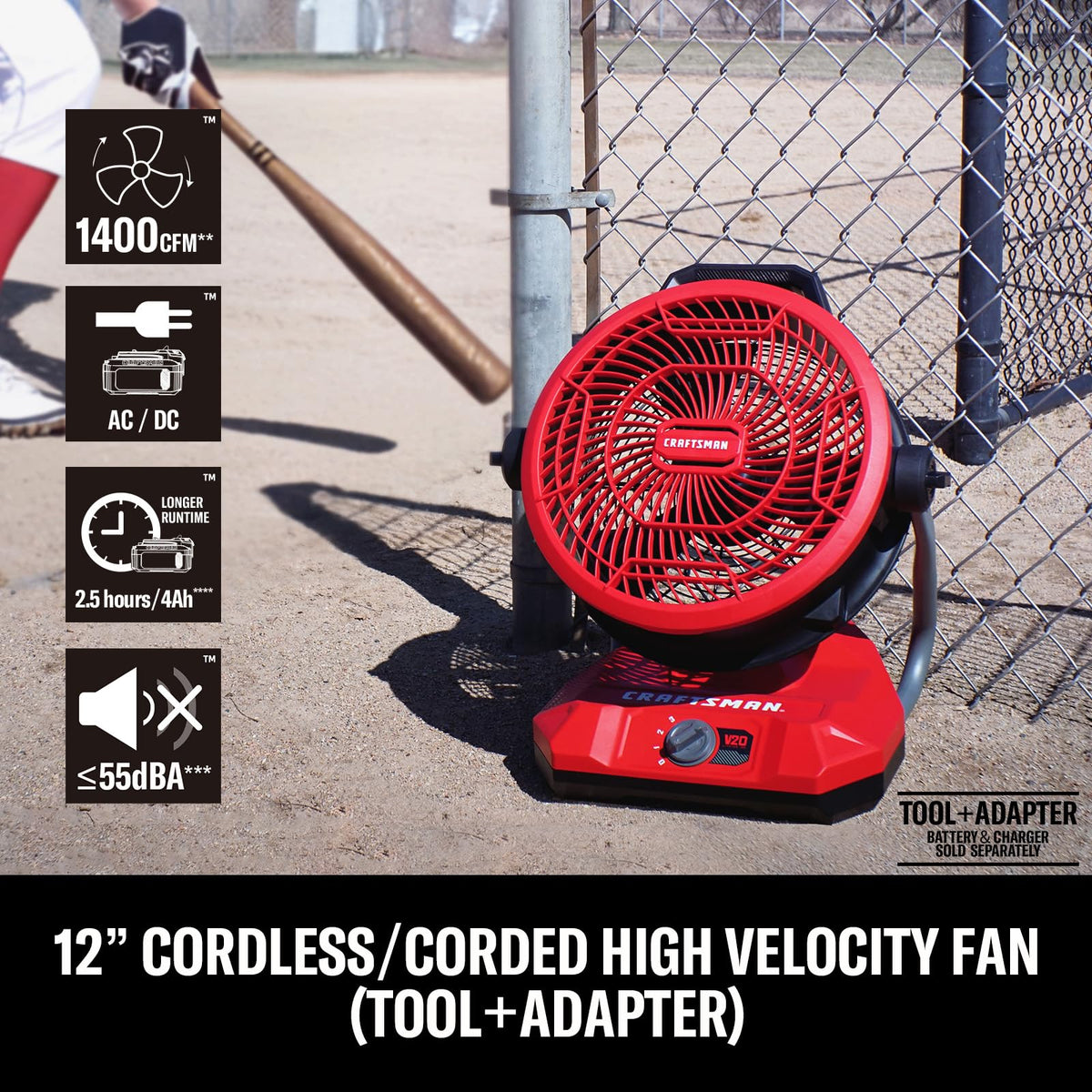 CRAFTSMAN V20 Cordless 12" Portable Fan, Battery Powered Fan, AC/DC Dual Supply, AC Adapter included, 1400 CFM, 3-Speed Settings, 130° Tilt for Garage, Workshop, Outdoor and Patio
