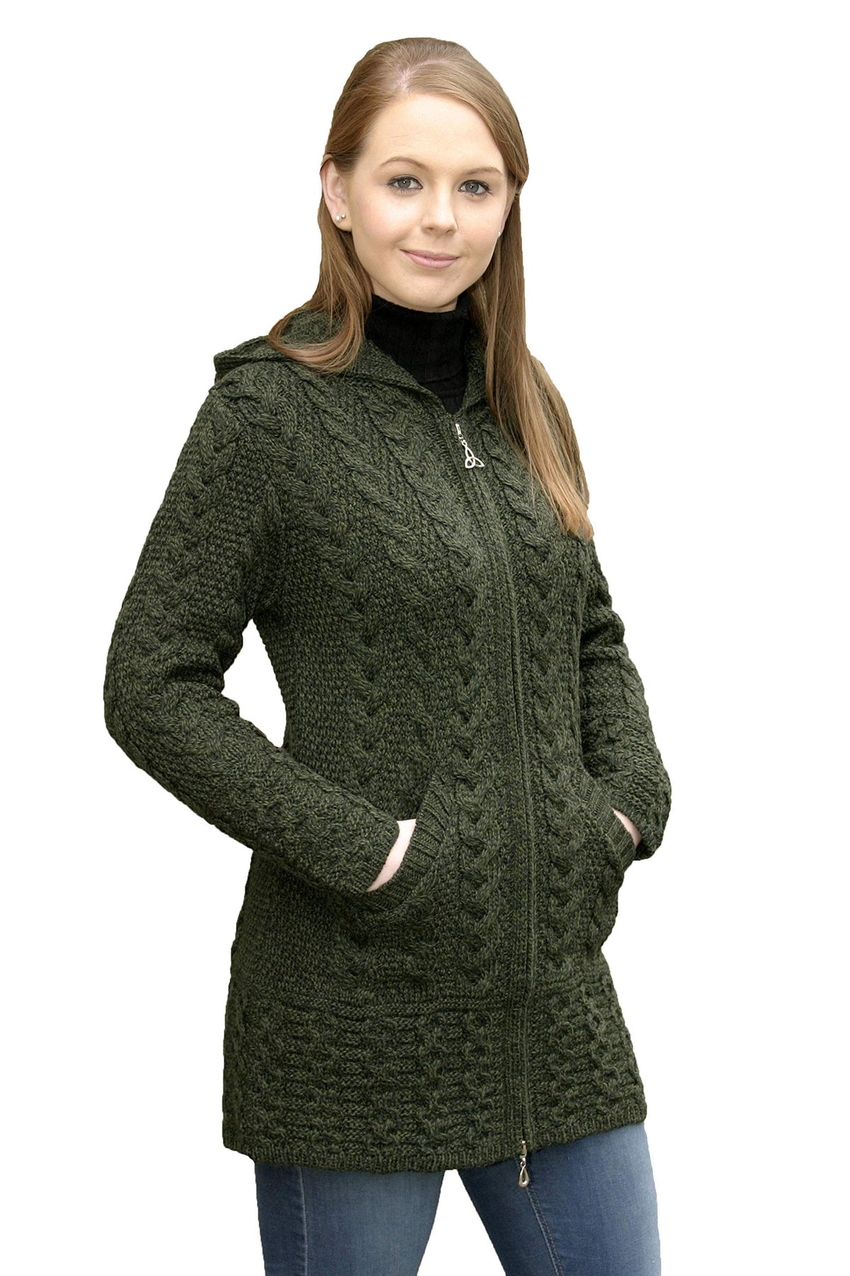 Aran Crafts Irish Women's Cable Knit Hooded Wool Coat (HD4025)