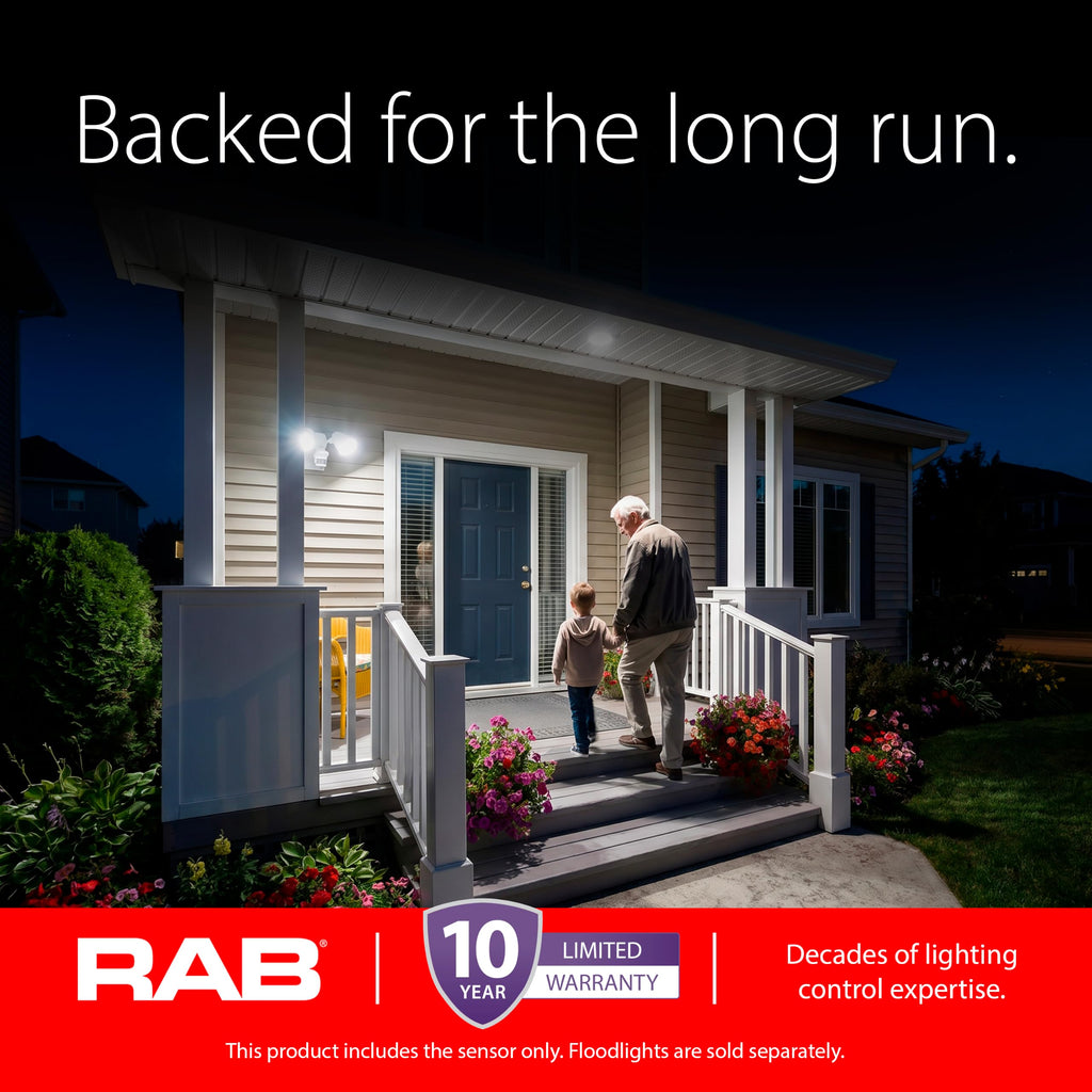 RAB Lighting STL360HW/L Motion Sensor Flood Light Outdoor – 360 Plus 180 Detection, Dual 38W LED PAR38 3600 Lumens, Selectable 3000K 4000K 5000K, Dusk to Dawn, Hardwired 120V White