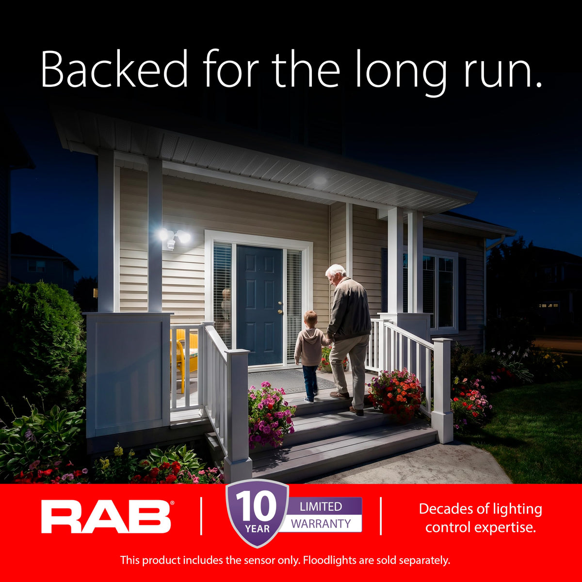 RAB Lighting STL360HW/L Motion Sensor Flood Light Outdoor – 360 Plus 180 Detection, Dual 38W LED PAR38 3600 Lumens, Selectable 3000K 4000K 5000K, Dusk to Dawn, Hardwired 120V White