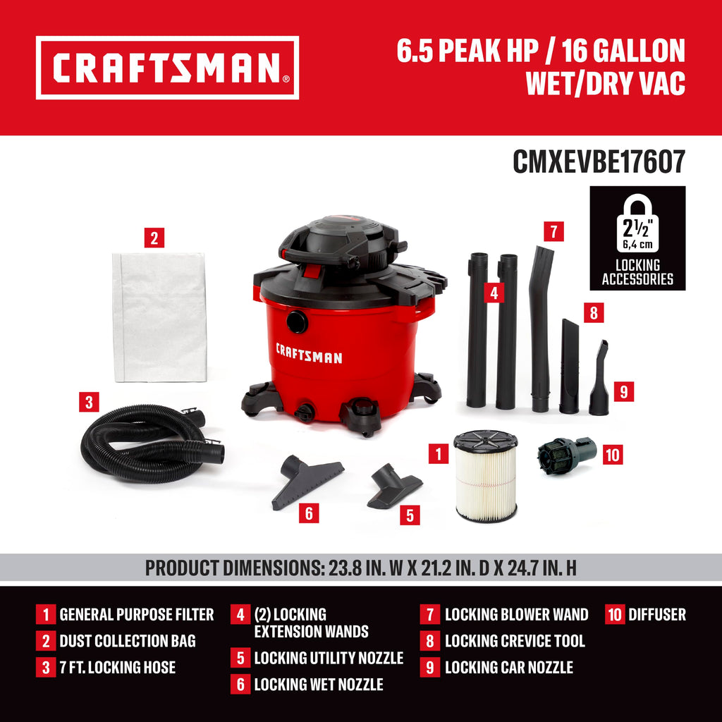 CRAFTSMAN CMXEVBE17607 16 Gal. 6.5 Peak HP Wet Dry Vac with Detach Blower
