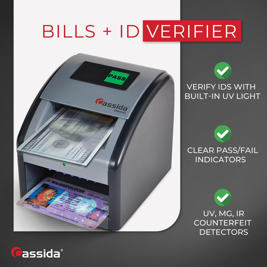 Cassida Omni-ID 2-in-1 Currency Counterfeit Detector with UV Identification Verification Lights – Bill Checker with Infrared, Magnetic and Ultraviolet Sensors - Pass/Fail Display (Pass/Fail + UV)