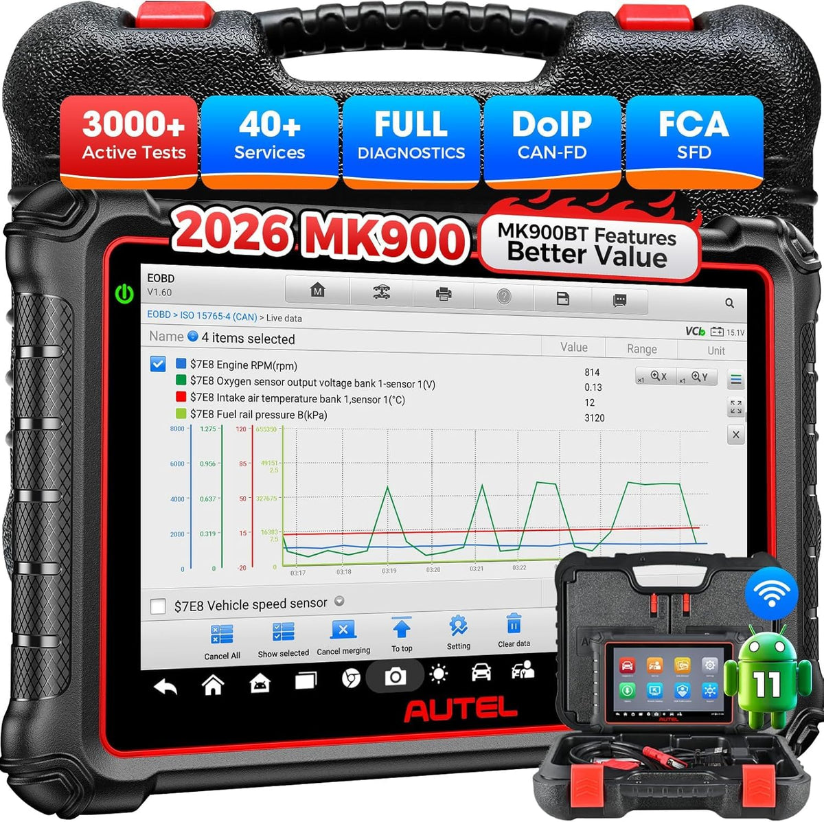 Autel MaxiCOM MK900 Bidirectional Scanner: 2026 Up of MaxiCheck MX808S MK808S, Work as MK900-BT MK900BT MX900 OBD2 Diagnostic Tool w/ 3000+ Active Test, 40+ Service, CAN-FD&DOIP, All System, FCA 11 OS