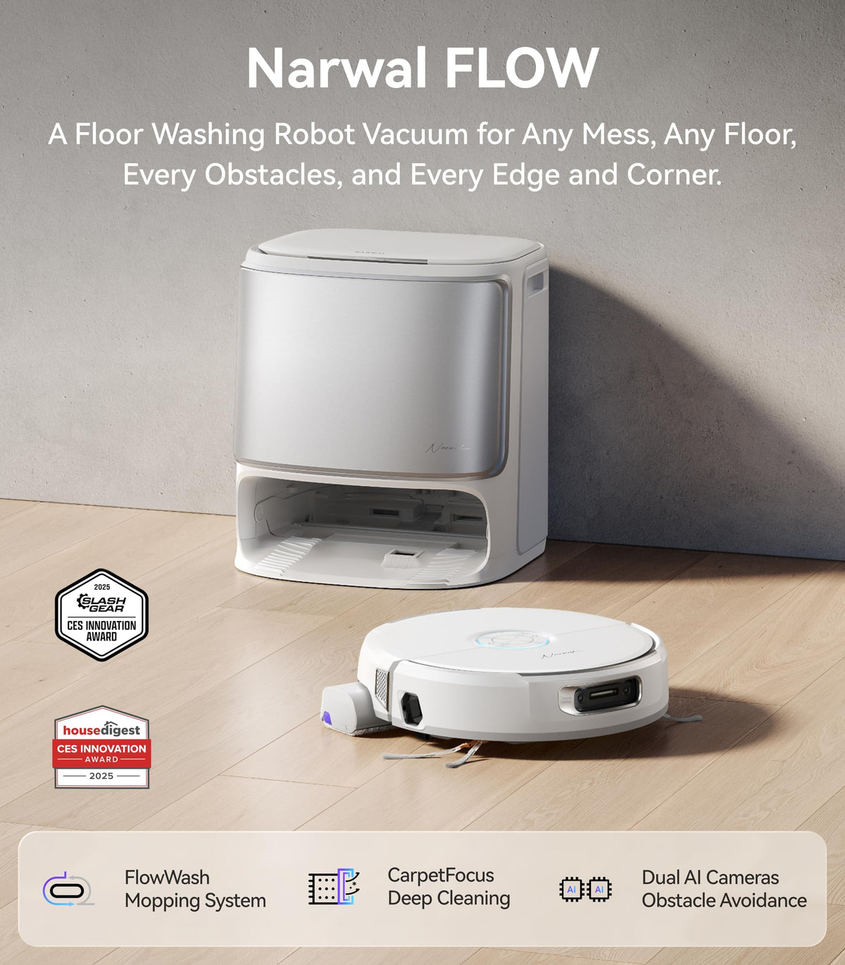 NARWAL Flow Robot Vacuum and Mop Combo, 22000Pa, AI Avoidance, White (Renewed)