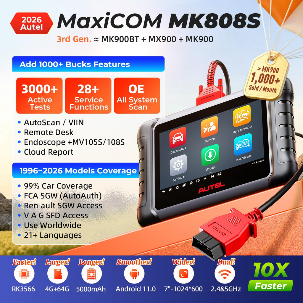 Autel Scanner MaxiCOM MK808S: 2026 Bidirectional Tool as MaxiCheck MX900 MK900BT MK808BT Pro MX808S 808Z, 28+ Service for 200+ Brands, 3000+ Active Test, All System Diagnose, Injector, FCA & SGW OS 11