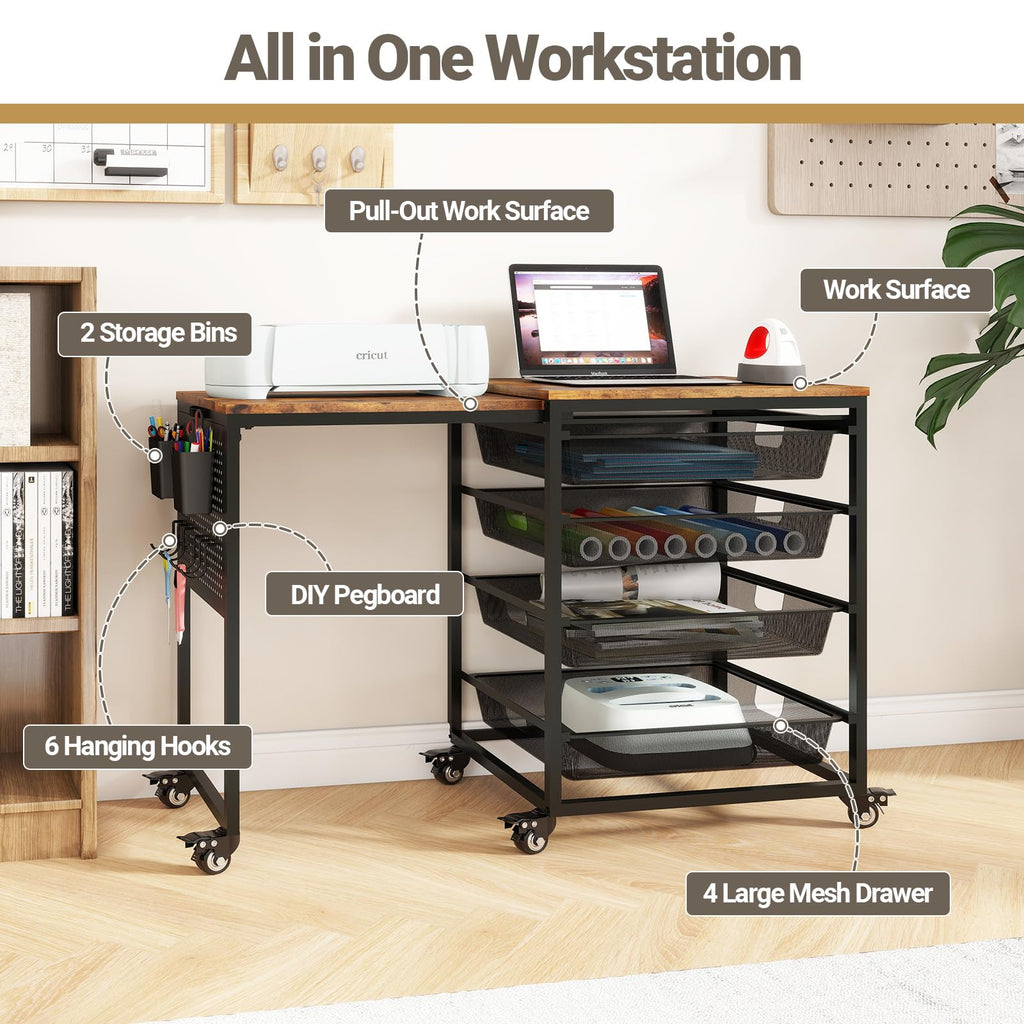 Craft Table with Wheels & Drawer,Extendable Cart with Pegboard,Retro