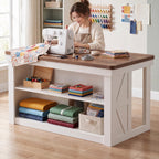 Craft Table with 2-Tier Storage, Counter Height Sewing Cutting Table