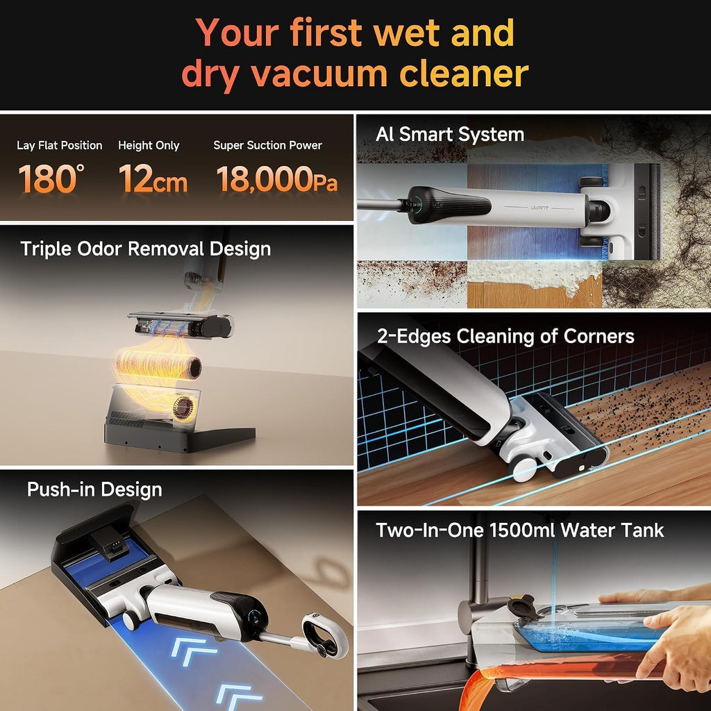 uwant Wet Dry Vacuum Cleaner 180°Lay-Flat Push-in Vacuum Mop All in One with 18000Pa Suction Auto Self-Cleaning Anti Odor Stick Dual-Edge Vacuum Cleaner Set of 1 for Hard Floor/Carpet D100