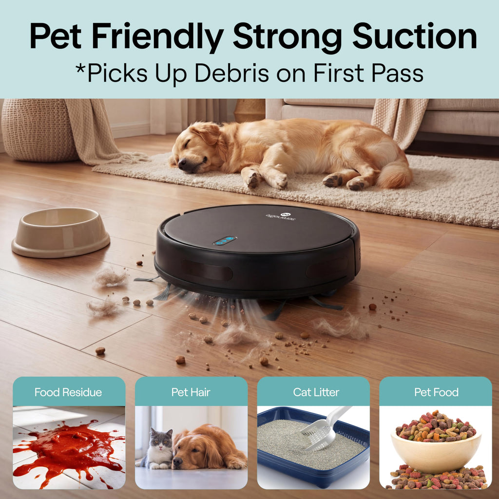 SereneLife Automatic Robot Vacuum Cleaner and Mop Combo, Pro Edition with Upgraded Battery, Extreme Suction, Internal Water Tank - Smart App Control, Ideal for Pet Hair, Carpet and Hard Floors, Black
