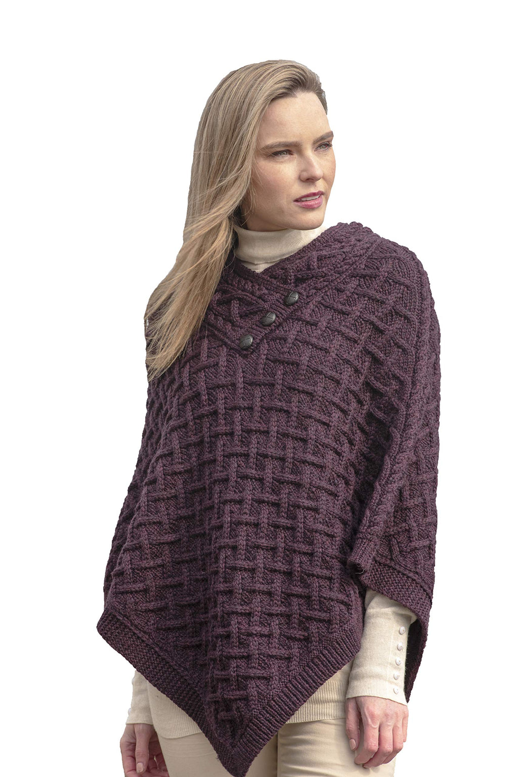 Aran Crafts Women's Cable Knit Nua Button Poncho (100% Super Soft Merino Wool)