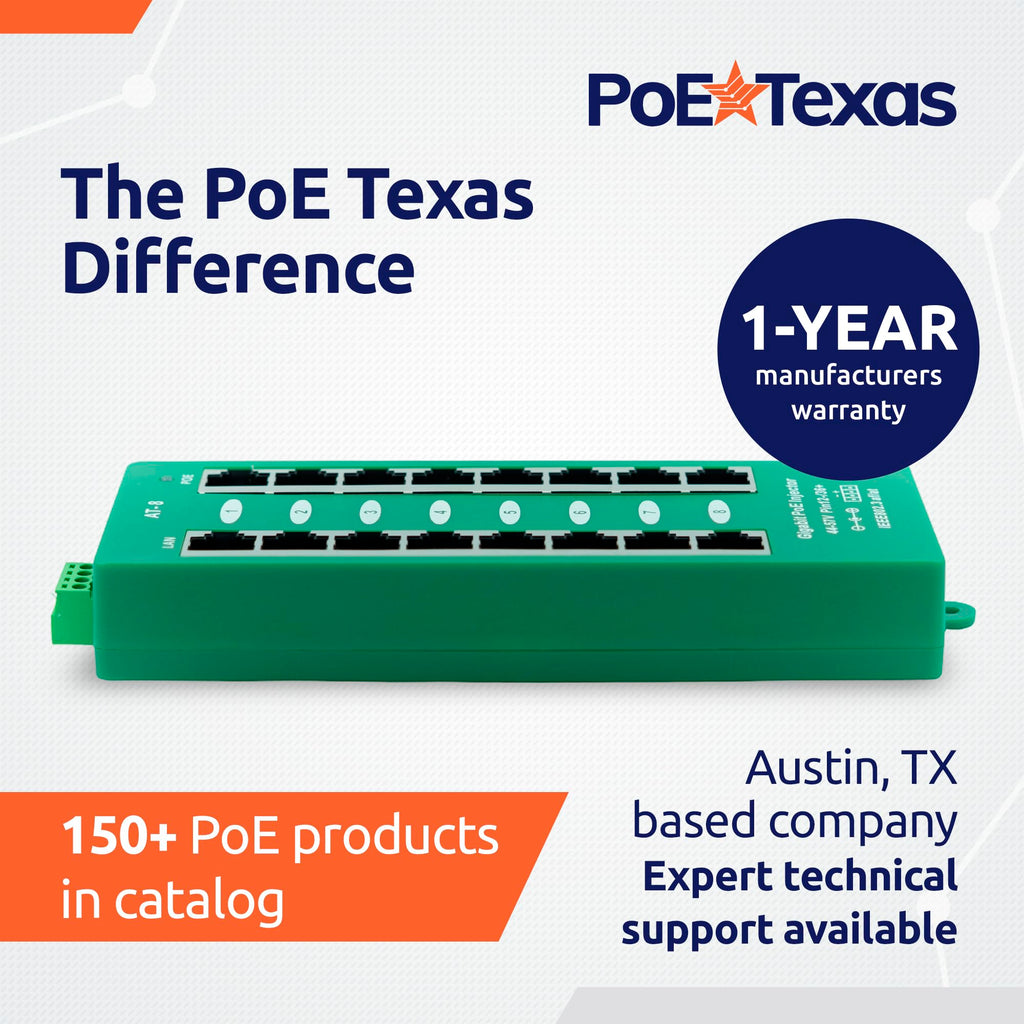 PoE Texas 8-Port Active Mode A PoE+ Injector, 56V 120W Supply