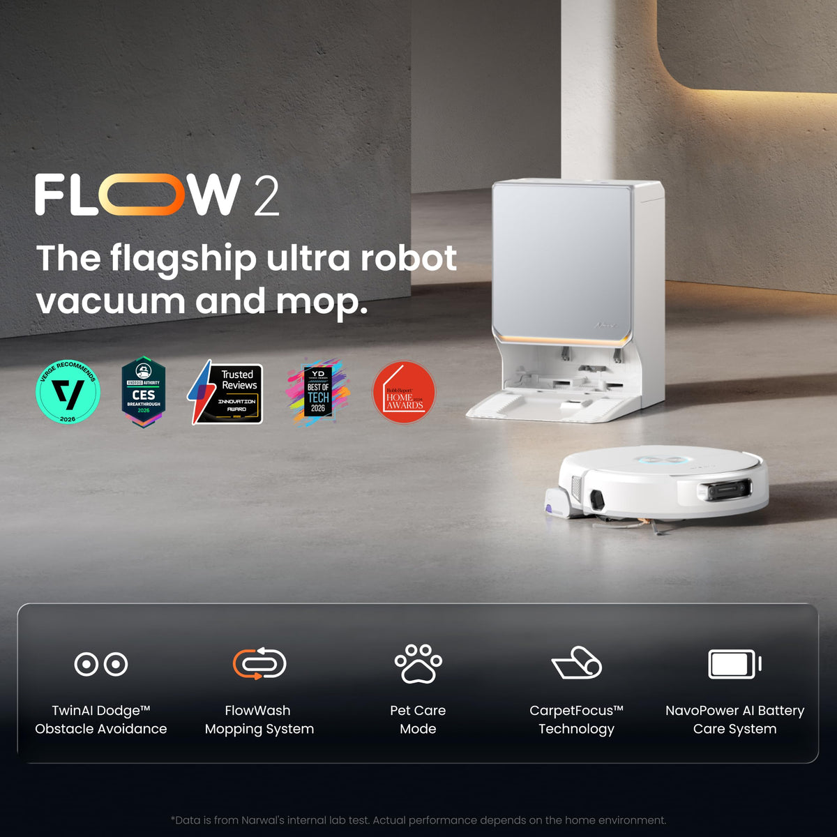 NARWAL Flow 2 Robot Vacuum and Mop Combo, 31000Pa, FlowWash Mop, White