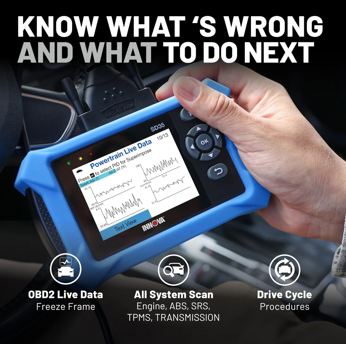 Innova SD35 OBD2 Scanner – ABS, SRS, TPMS & Check Engine Code Reader, Live Data, All System Diagnostics, Compatible with Most Vehicles
