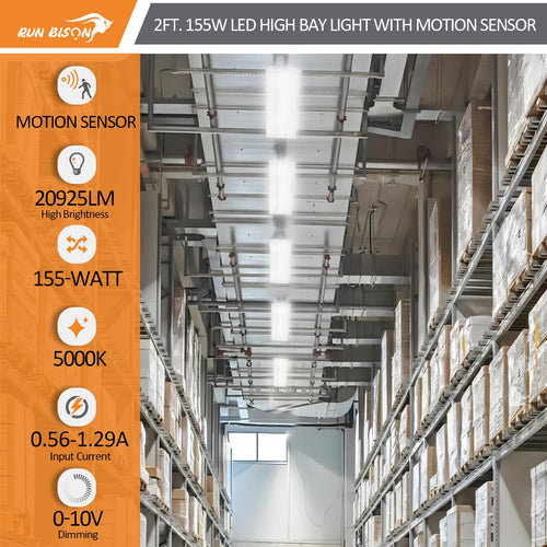 2FT LED Linear High Bay Fixture with Motion Sensor, 155W LED Shop Light, 20,925lm 135LM/W, 120-277V, 5000K Daylight Linear Hanging Light, UL Listed - 4PK
