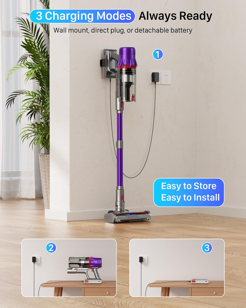 Cordless Stick Vacuum Cleaner for Home: 550W 45KPa 55 Min Runtime,Powerful Suction with HEPA Filter, Anti-Tangle Brush,Rechargeable Battery,Lightweight Vacuum for Pet Hair,Carpets & Hard Floors