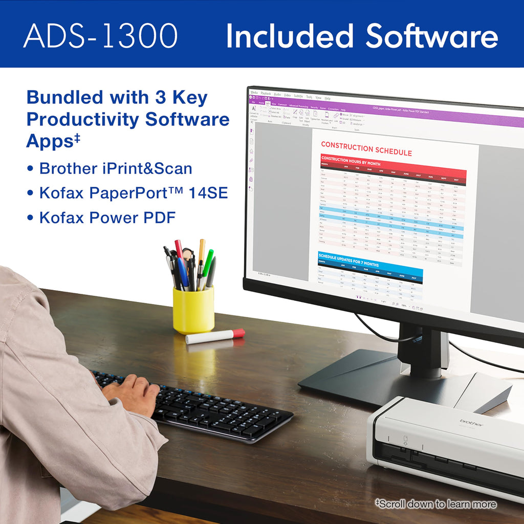 Brother ADS-1300 Compact Desktop Scanner | Scan Speeds of Up to 30ppm | Single Pass Double-Sided Scanning (Renewed Premium)