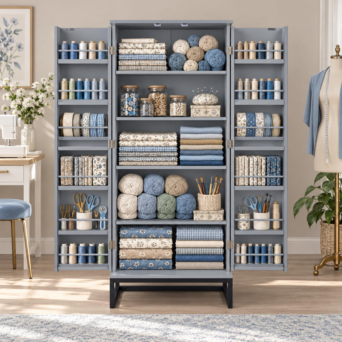 Sewing Cabinet with Storage, 47" Tall Craft Organizer for Sewing Machine, Double Doors with Thread Shelves, Adjustable Interior Shelves and Bottom Drawer (Brown)