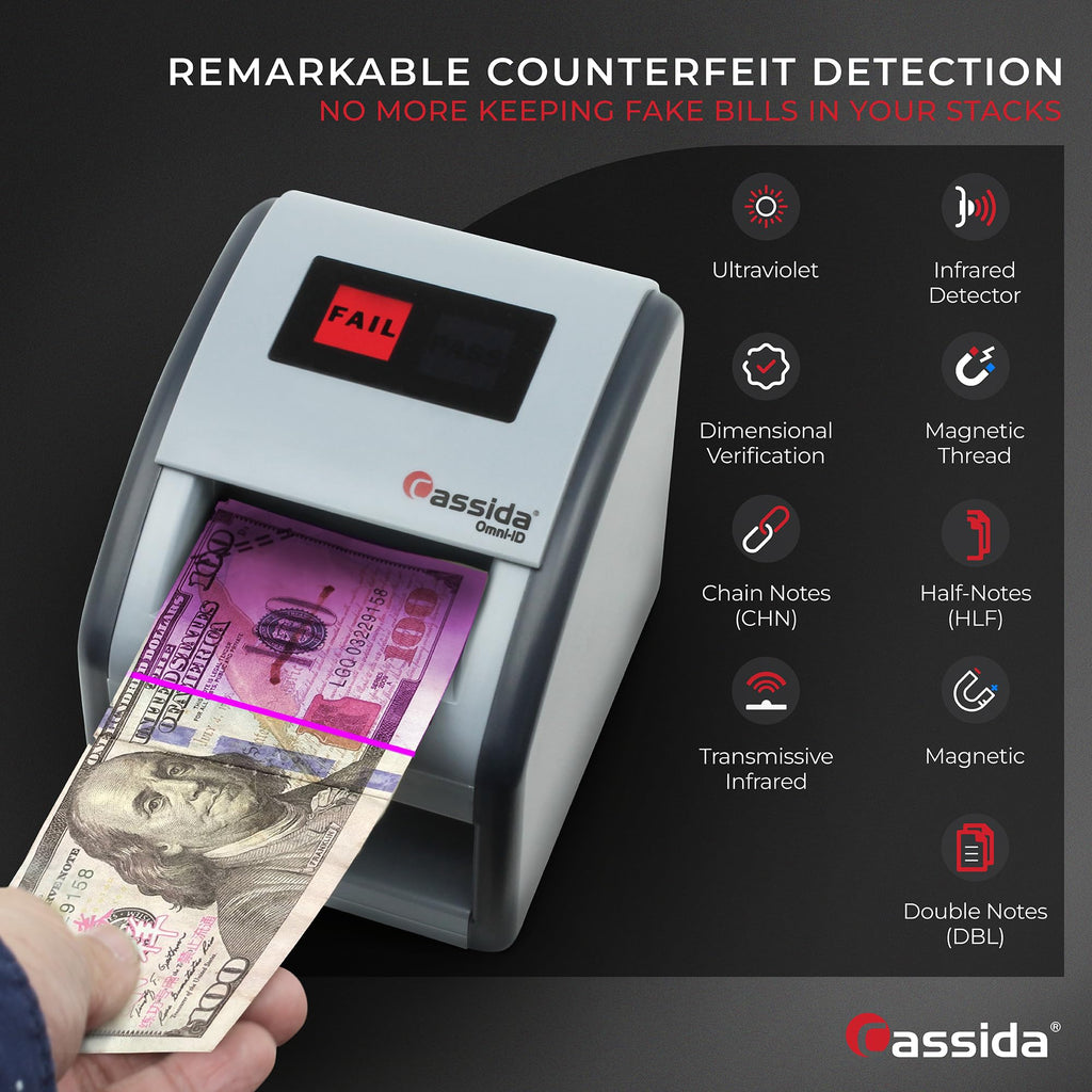 Cassida Omni-ID 2-in-1 Currency Counterfeit Detector with UV Identification Verification Lights – Bill Checker with Infrared, Magnetic and Ultraviolet Sensors - Pass/Fail Display (Pass/Fail + UV)