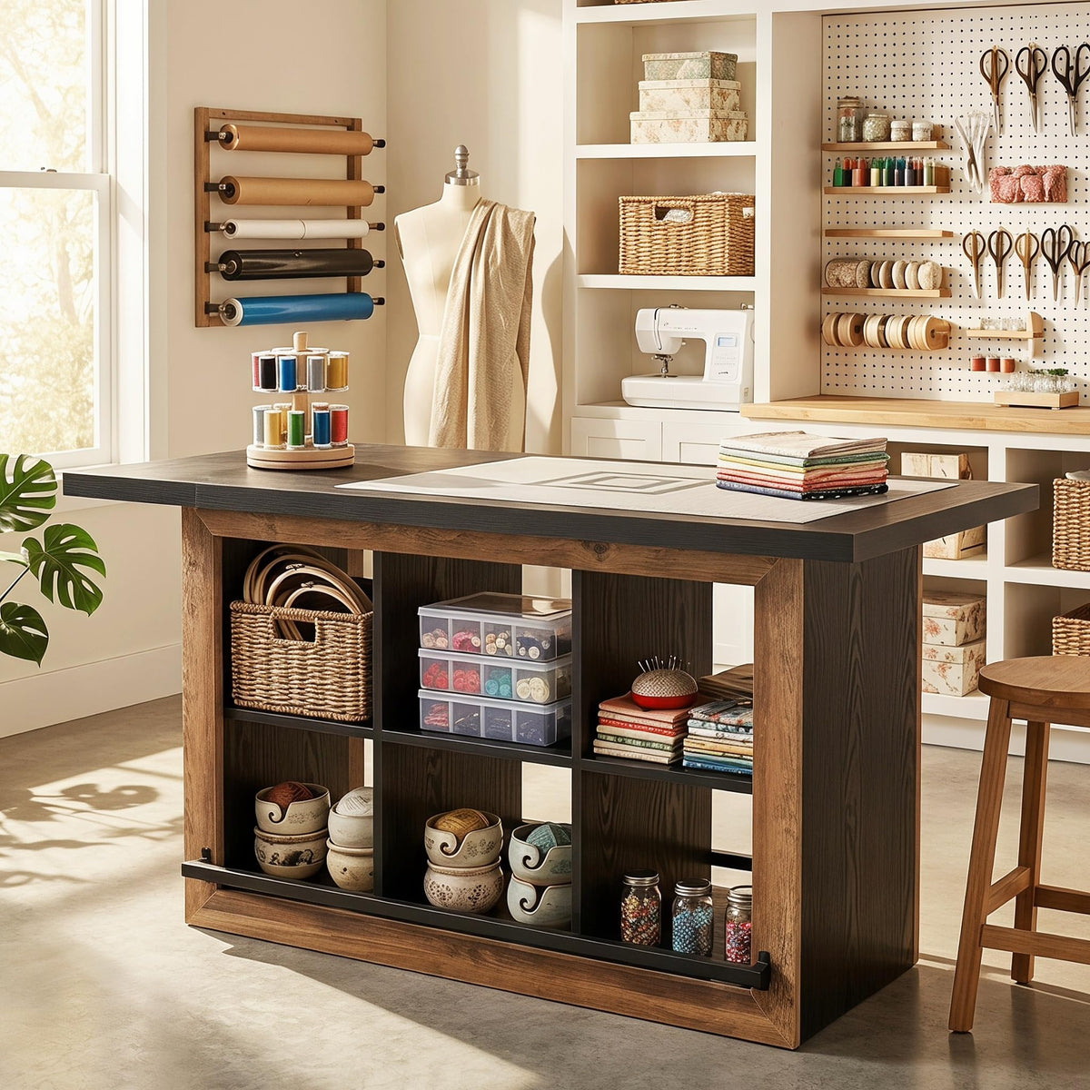Tribesigns Artwork Craft Table with Storage, Counter Height Sewing Table