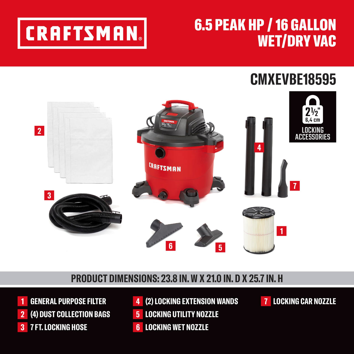 CRAFTSMAN CMXEVBE18595 16 Gallon 6.5 Peak HP Wet Dry Shop Vacuum