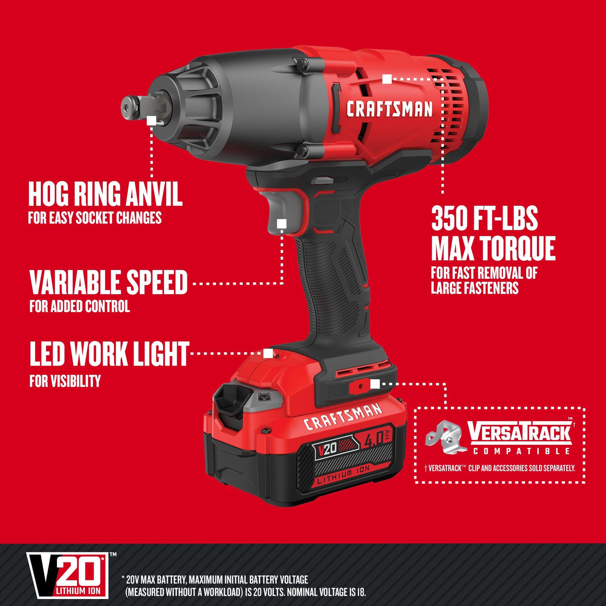 CRAFTSMAN V20 RP Cordless Impact Wrench Kit, 1/2 inch, Battery and Charger Included (CMCF900M1)