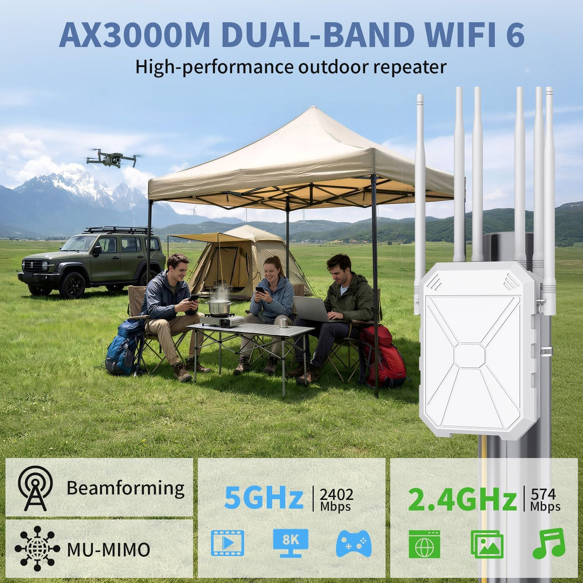 AX3000 Outdoor WiFi Extender, Dual Band 5G+2.4G Outdoor Long Range Extender Signal Booster with POE, Wi-Fi 6 Wireless Access Point, Wireless Outdoor Repeater, Compatible Starlink for Farm Camping RV