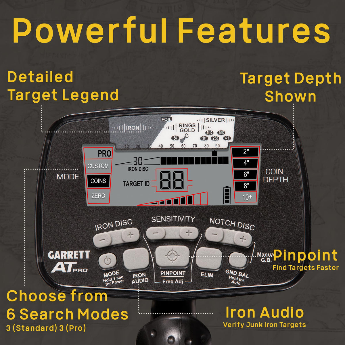 Garrett AT Pro Metal Detector – Made in the USA - Waterproof to 10ft, Proportional Audio, Iron Audio, Fast Recovery, Digital Target ID, Includes MS-2 Headphones