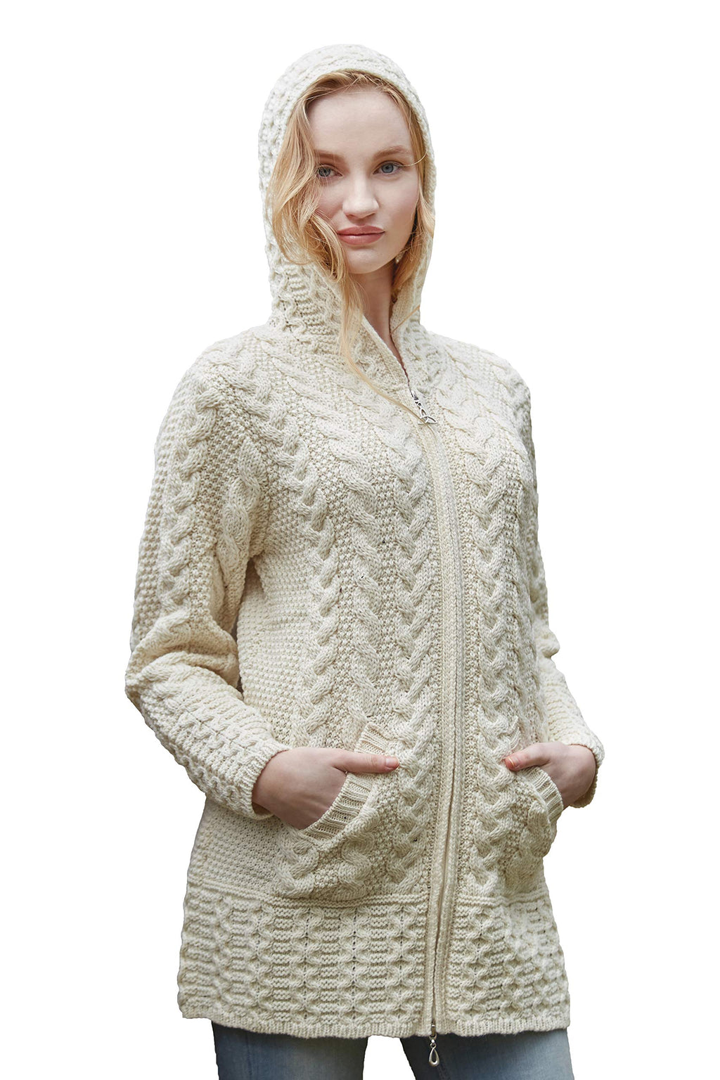 Aran Crafts Irish Women's Cable Knit Hooded Wool Coat (HD4025)