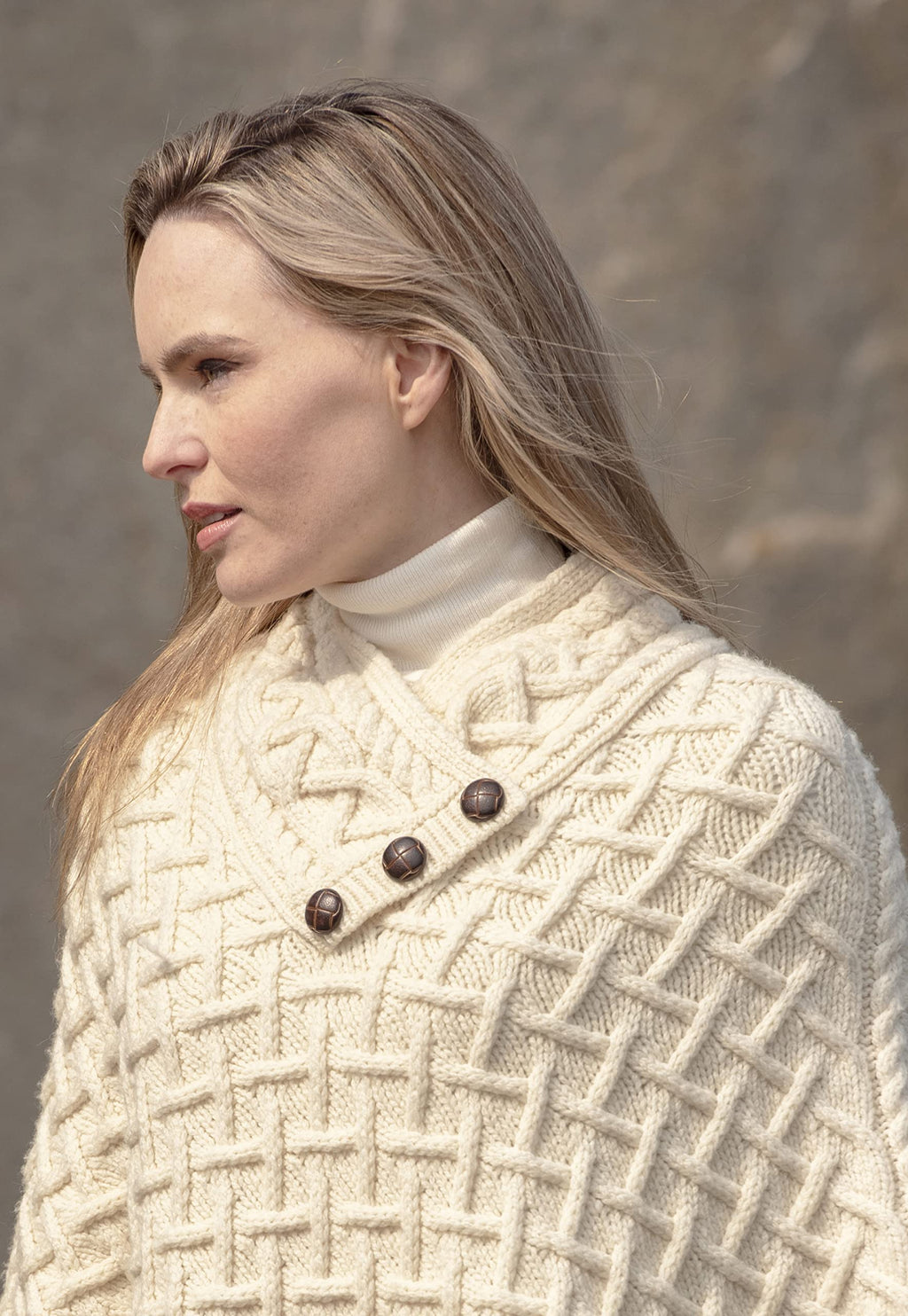 Aran Crafts Women's Cable Knit Nua Button Poncho (100% Super Soft Merino Wool)