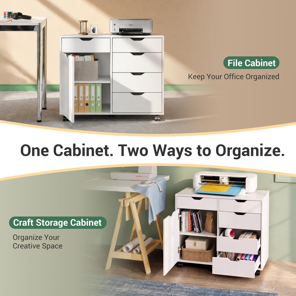DEVAISE 5-Drawer Wood Office Cabinet, Craft Storage Cabinet, White