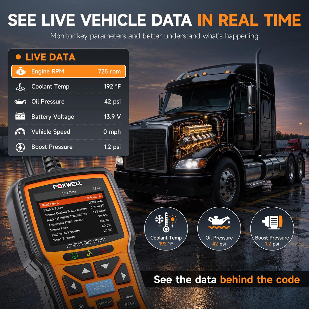 FOXWELL HD301 Heavy Duty Truck Scanner, Full System Diesel Scan Tool with 6/9/16 Pin, 2 in 1 Code Reader for Trucks & Car Engine, Diesel Diagnostic Tool for Cummins, Paccar, Caterpillar