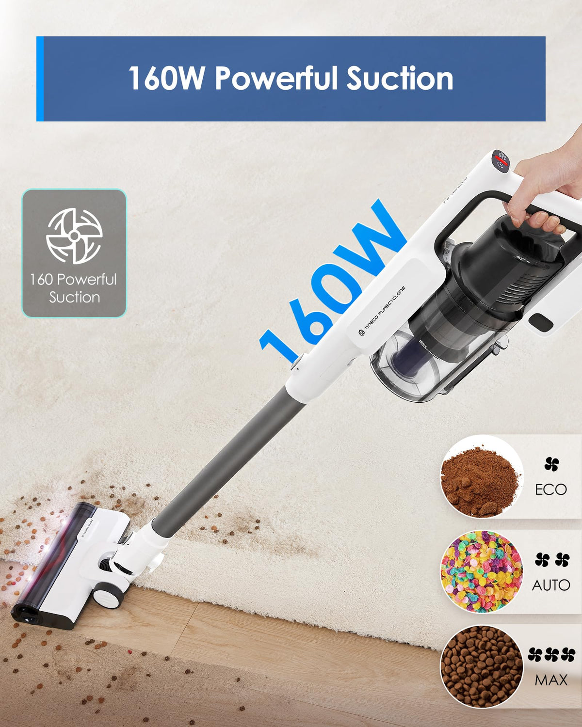 Tineco A30S Cordless Vacuum Cleaner, 160AW Suction, 60Min Runtime, 1L Larger Dustbin, ZeroTangle Brush, PureCyclone Tech, Stick Vacuum Cleaner for Pet Hair, Carpet & Hard Floor