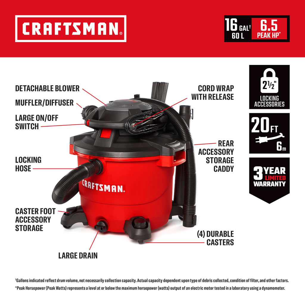 CRAFTSMAN CMXEVBE17607 16 Gal. 6.5 Peak HP Wet Dry Vac with Detach Blower