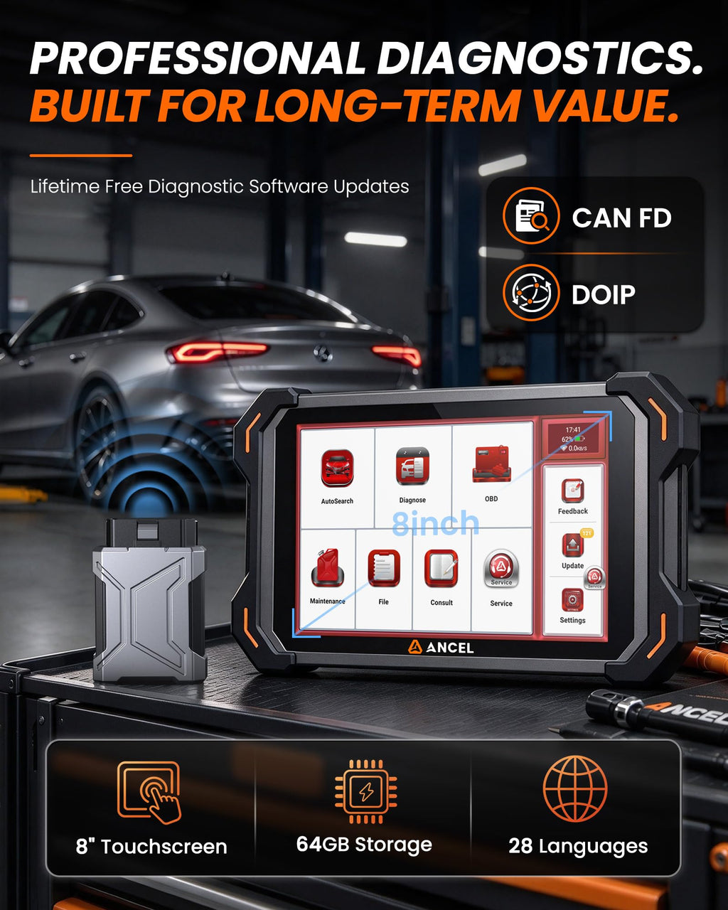 ANCEL DS600BT Bidirectional Scan Tool with Full-System OBD2 Scanner, ECU Coding, 34+ Reset Functions, Bluetooth VCI, FCA/SGW CAN FD, DoIP and Lifetime Free Updates
