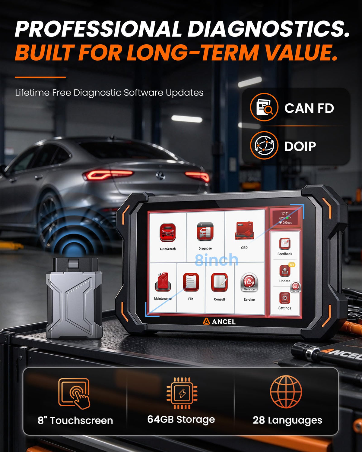 ANCEL DS600BT Bidirectional Scan Tool with Full-System OBD2 Scanner, ECU Coding, 34+ Reset Functions, Bluetooth VCI, FCA/SGW CAN FD, DoIP and Lifetime Free Updates